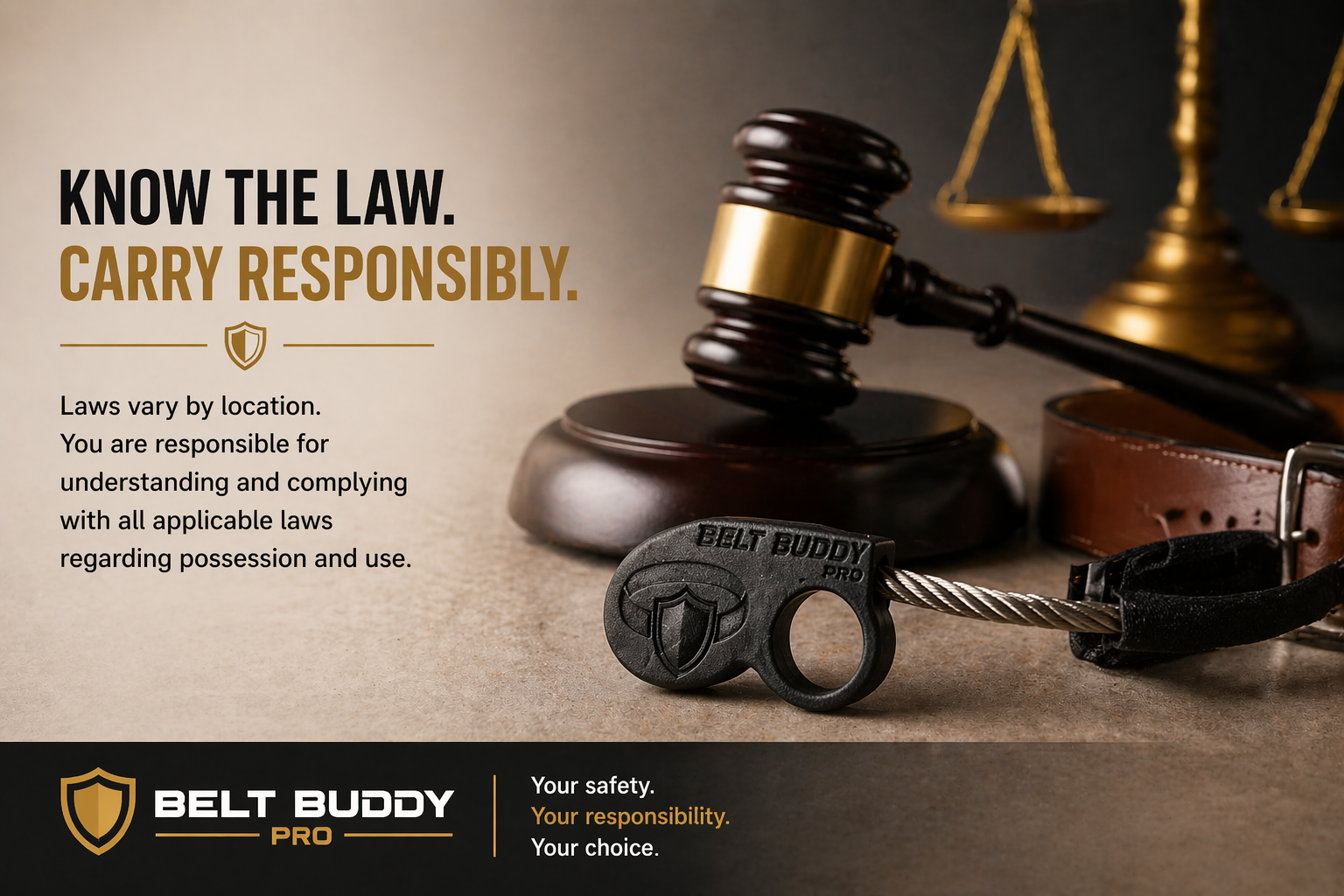 Belt Buddy Pro legal responsibility graphic with gavel and self-defense tool. A non-lethal personal safety device