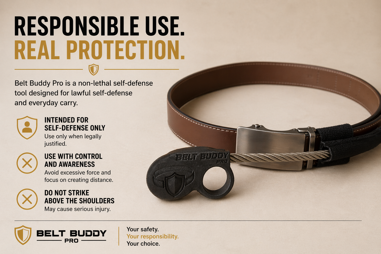 Belt Buddy Pro responsible use safety graphic with belt-based self-defense tool