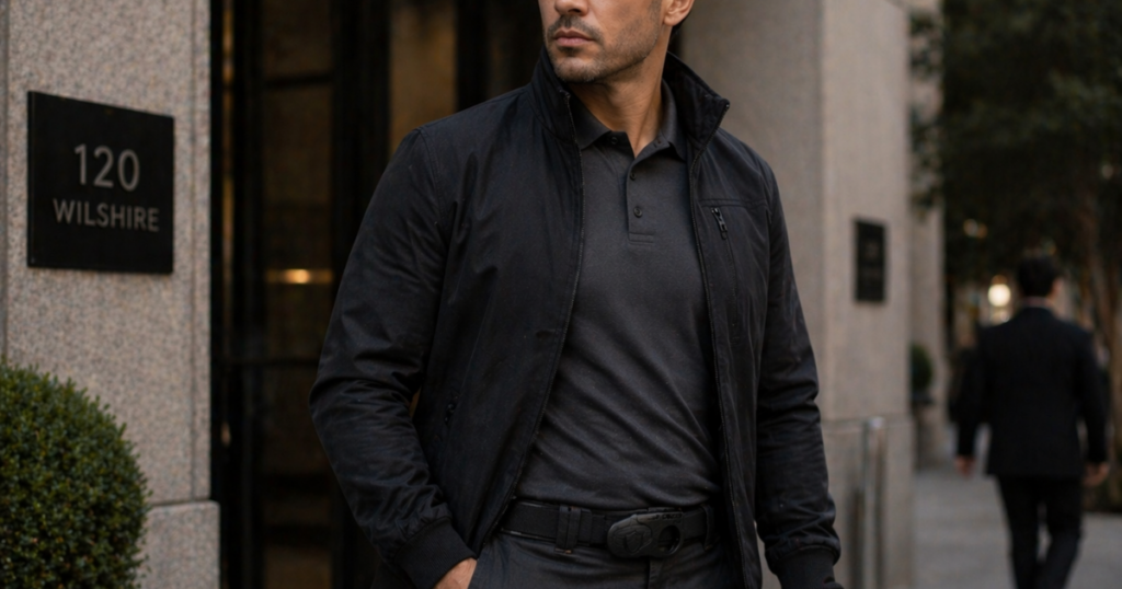 Man walking in an urban setting wearing a belt mounted safety accessory from Belt Buddy Pro, demonstrating personal safety awareness and everyday carry preparedness