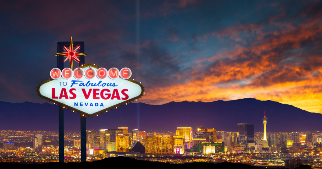 Welcome to Las Vegas sign at sunset with city skyline, representing situational awareness Las Vegas and everyday safety awareness for travel and daily life