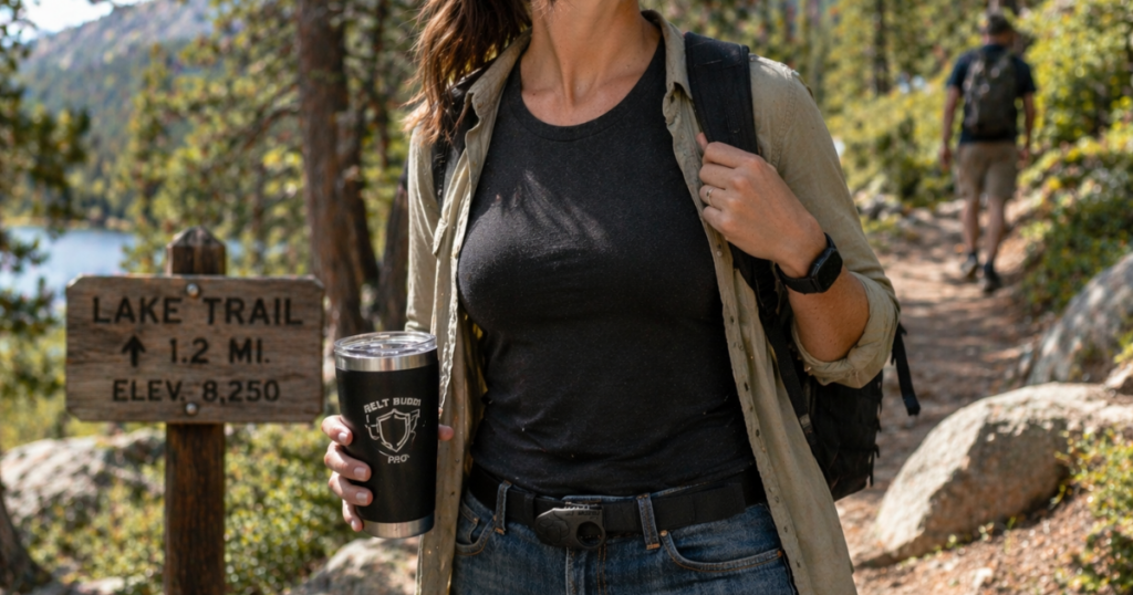 Woman hiking near a lake trail wearing a belt mounted safety accessory from Belt Buddy Pro, demonstrating tourist safety tips and travel safety awareness in outdoor environments