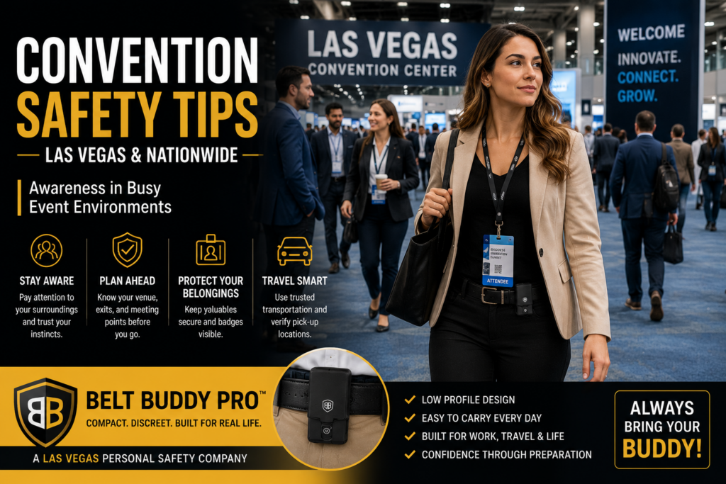 Professional convention attendees practicing awareness and convention safety tips at a Las Vegas business event.