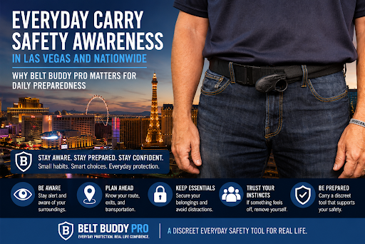 Belt Buddy Pro everyday carry safety awareness image showing a discreet belt-mounted safety accessory for daily preparedness in Las Vegas.