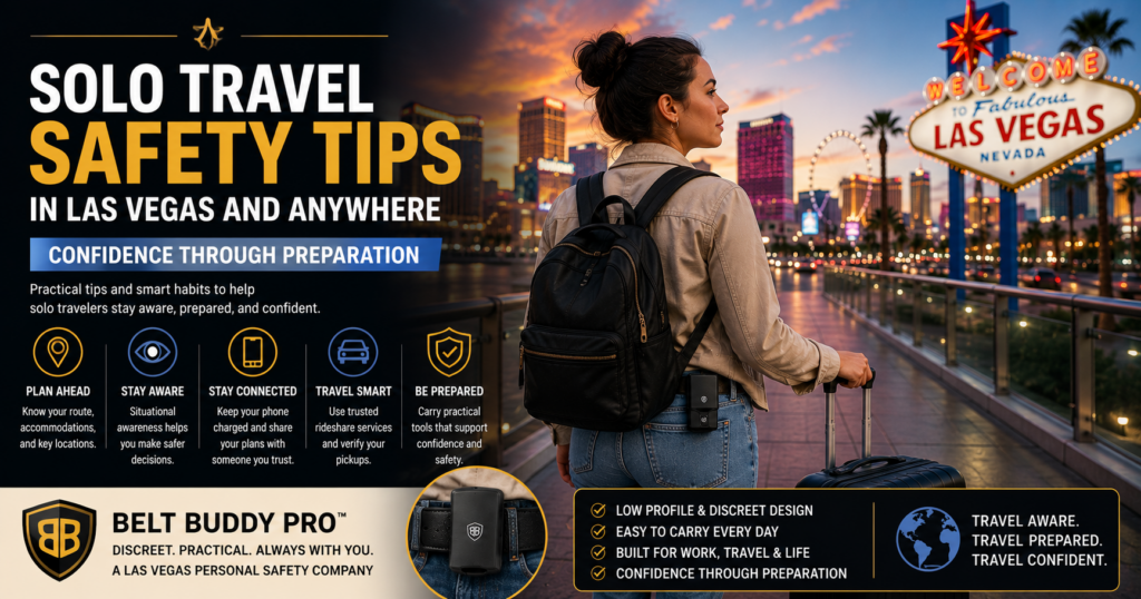 Solo traveler practicing solo travel safety, awareness, and confidence through preparation while exploring Las Vegas safely.