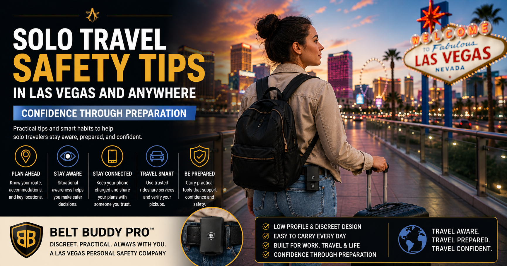 Solo traveler practicing solo travel safety, awareness, and confidence through preparation while exploring Las Vegas safely.