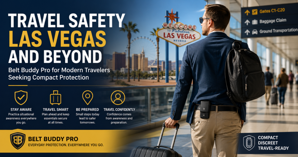 Traveler practicing travel safety awareness in Las Vegas while navigating a busy airport with confidence and preparation using practical travel safety habits.