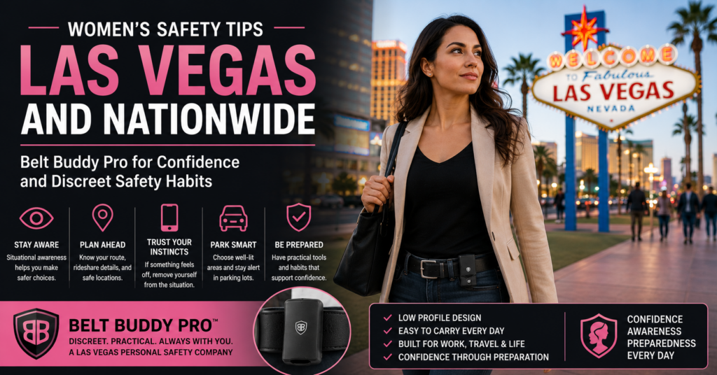 Professional woman practicing personal safety awareness and confidence through preparation and safety tips while walking in Las Vegas.