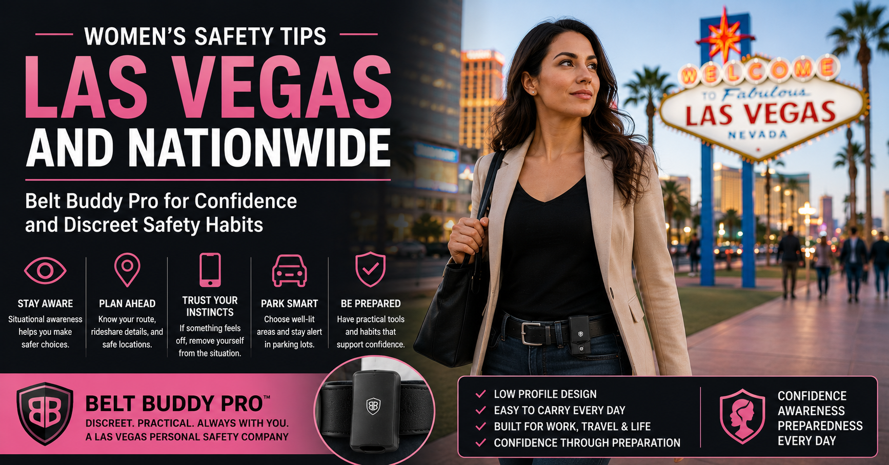 Professional woman practicing personal safety awareness and confidence through preparation and safety tips while walking in Las Vegas.
