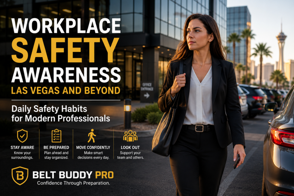 Professional employee practicing workplace safety awareness while walking through a business district in Las Vegas.
