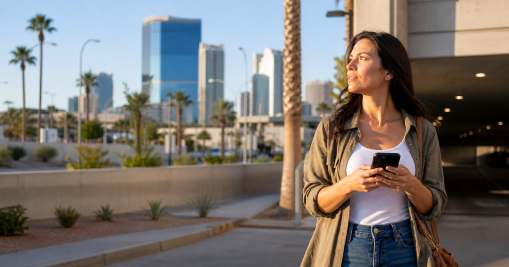 personal safety awareness Las Vegas illustrated by a calm, alert traveler in Las Vegas