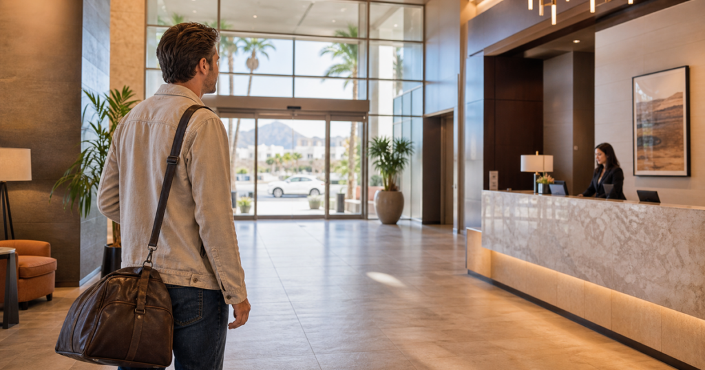 situational awareness Las Vegas illustrated by a calm, alert traveler in Las Vegas