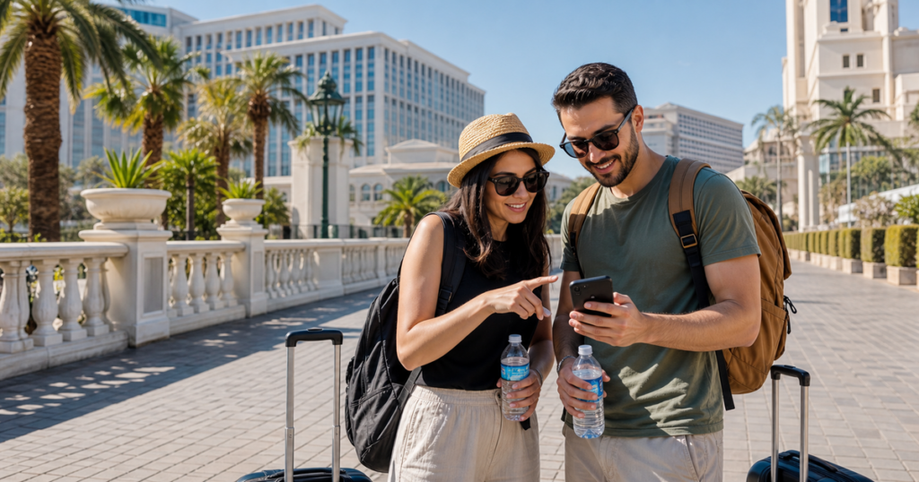 tourist safety tips Las Vegas illustrated by a calm, alert traveler in Las Vegas